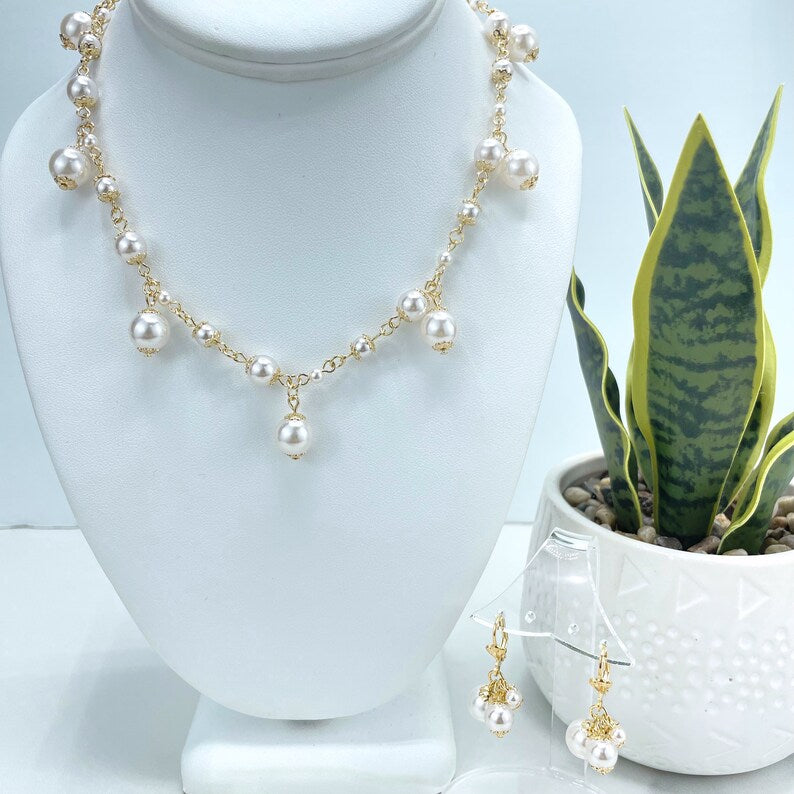 18k Gold Filled Pearls Linked Necklace and Dangle Pearls & Dangle Pearls Earrings Classic Set