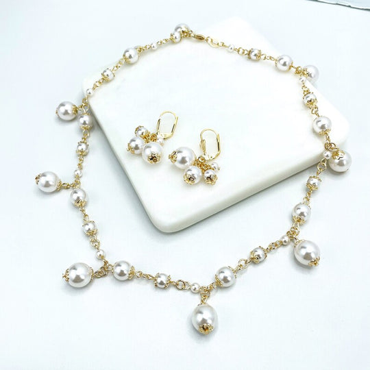 18k Gold Filled Pearls Linked Necklace and Dangle Pearls & Dangle Pearls Earrings Classic Set