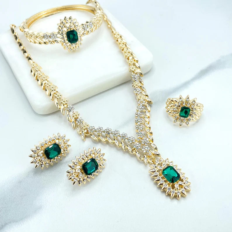 18k Gold Filled Micro Cubic Zirconia Details Speciality Chain with Green Stone Necklace, Bracelet, Earrings & Ring SET, Wholesale