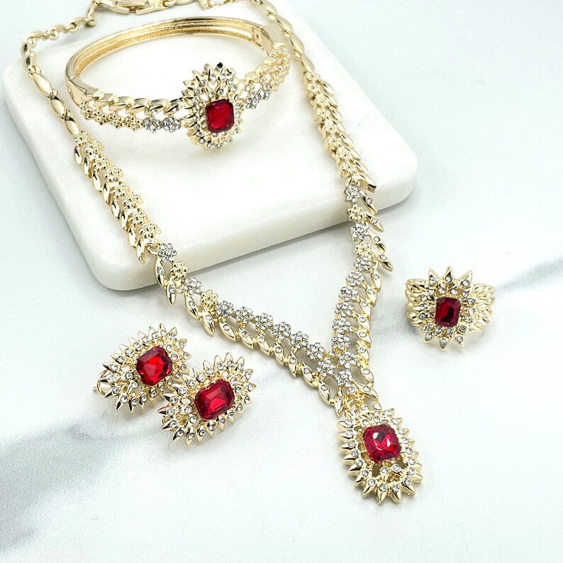 18k Gold Filled Micro Cubic Zirconia Details Speciality Chain with Red Stone Necklace, Bracelet, Earrings & Ring SET, Wholesale