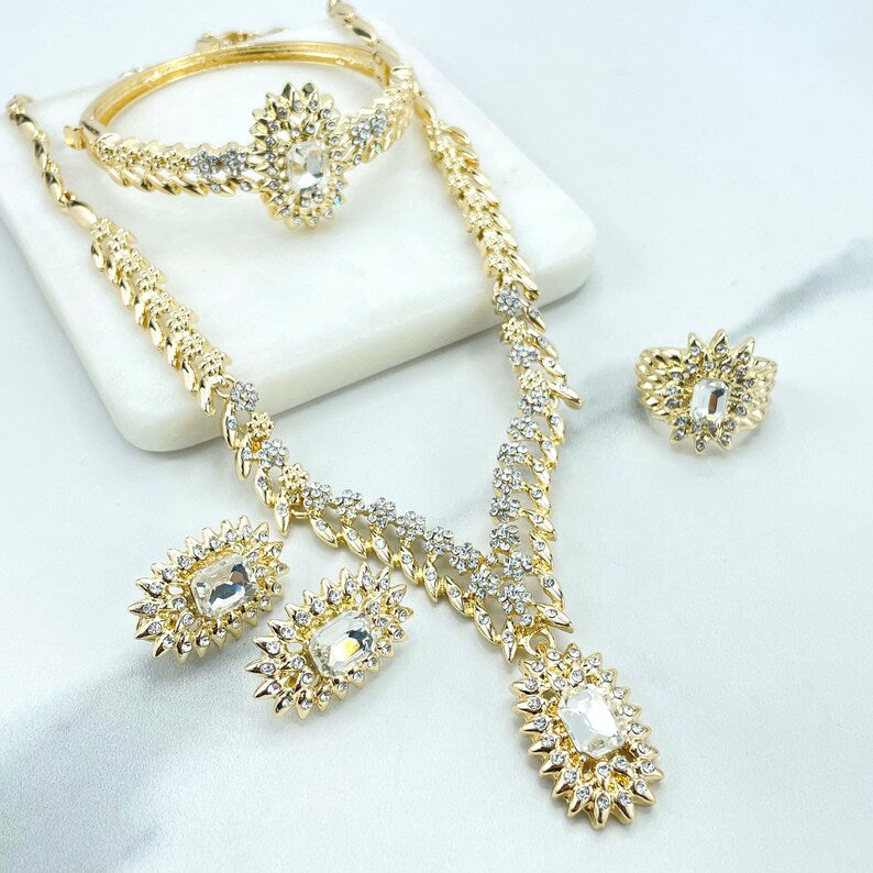 18k Gold Filled Micro Cubic Zirconia Details Speciality Chain with White Stone Necklace, Bracelet, Earrings & Ring SET, Wholesale