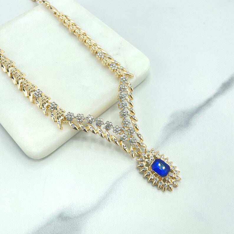 18k Gold Filled Micro Cubic Zirconia Details Speciality Chain with Blue Stone Necklace, Bracelet, Earrings & Ring SET, Wholesale