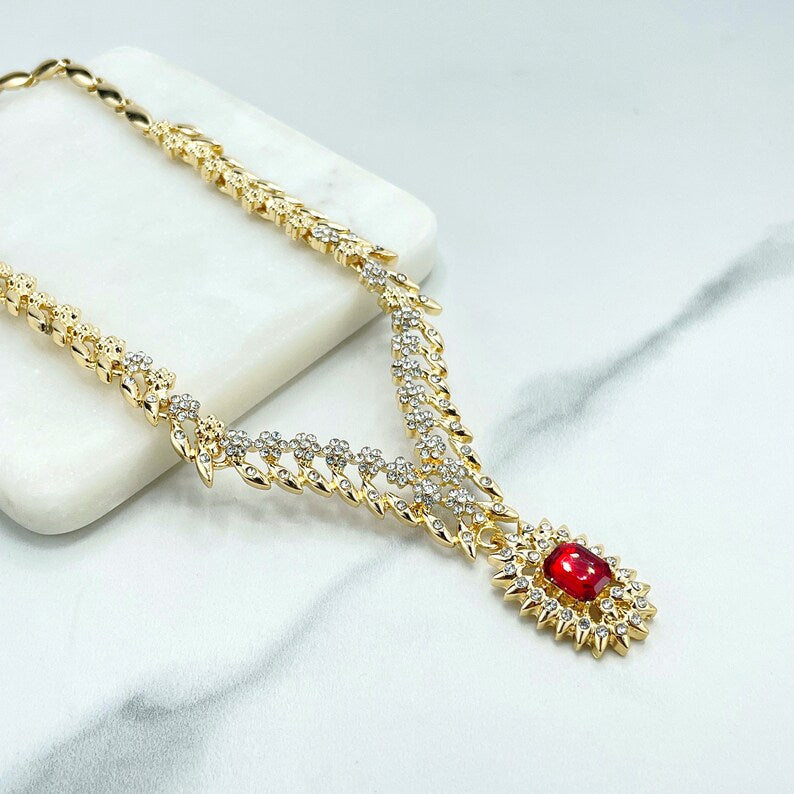 18k Gold Filled Micro Cubic Zirconia Details Speciality Chain with Red Stone Necklace, Bracelet, Earrings & Ring SET, Wholesale