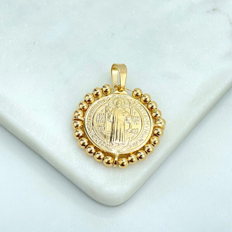 18k Gold Filled Religious Medal Medallion San Benito Coin Pendant Charms with Gold Beads, Catholic Jewelry, Wholesale