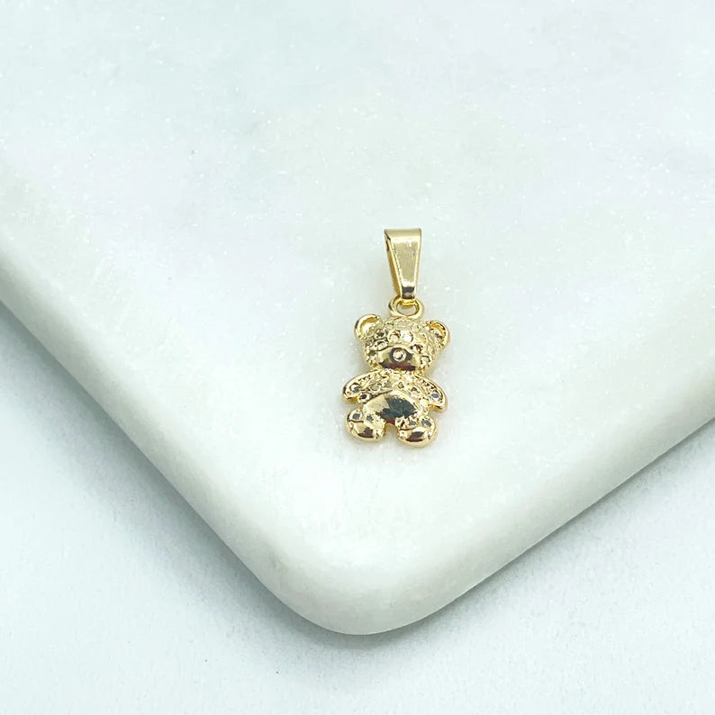 18k Gold Filled Texturized Cute Little Teddy Bear Shape Clear Cubic Zirconia Charm Pendant, Two Sizes, Wholesale