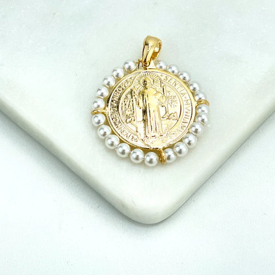 18k Gold Filled San Benito 2 Sided Pendant Charms, Reversible San Benito Coin, Medal, Medallion with Simulated Pearls, Wholesale