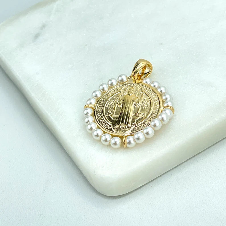 18k Gold Filled San Benito 2 Sided Pendant Charms, Reversible San Benito Coin, Medal, Medallion with Simulated Pearls, Wholesale