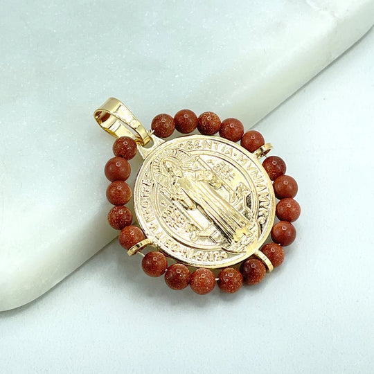 18k Gold Filled San Benito 2 Sided Pendant Charms, Reversible San Benito Coin, Medal, Medallion with 5mm Venturina, Wholesale