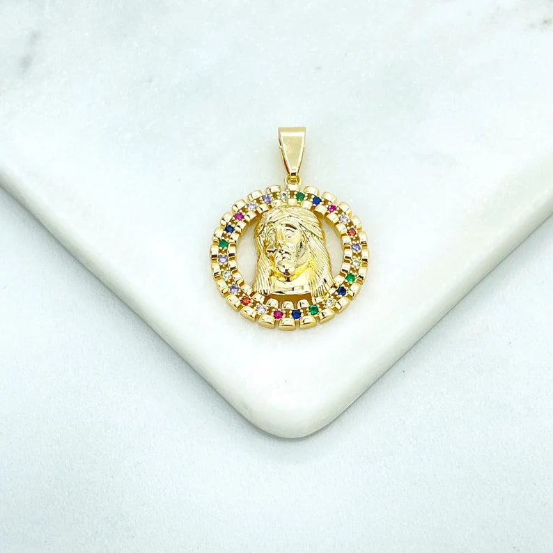 18k Gold Filled Religious Pendant with Clear or Multicolor CZ Medal Jesus Christ Face