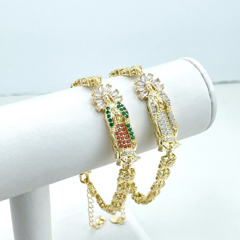18k Gold Filled Specialty Link Chain (Flower & Butterflies) Clear OR Colorful Cubic Zirconia Virgen De Guadalupe Bracelet, Wholesale