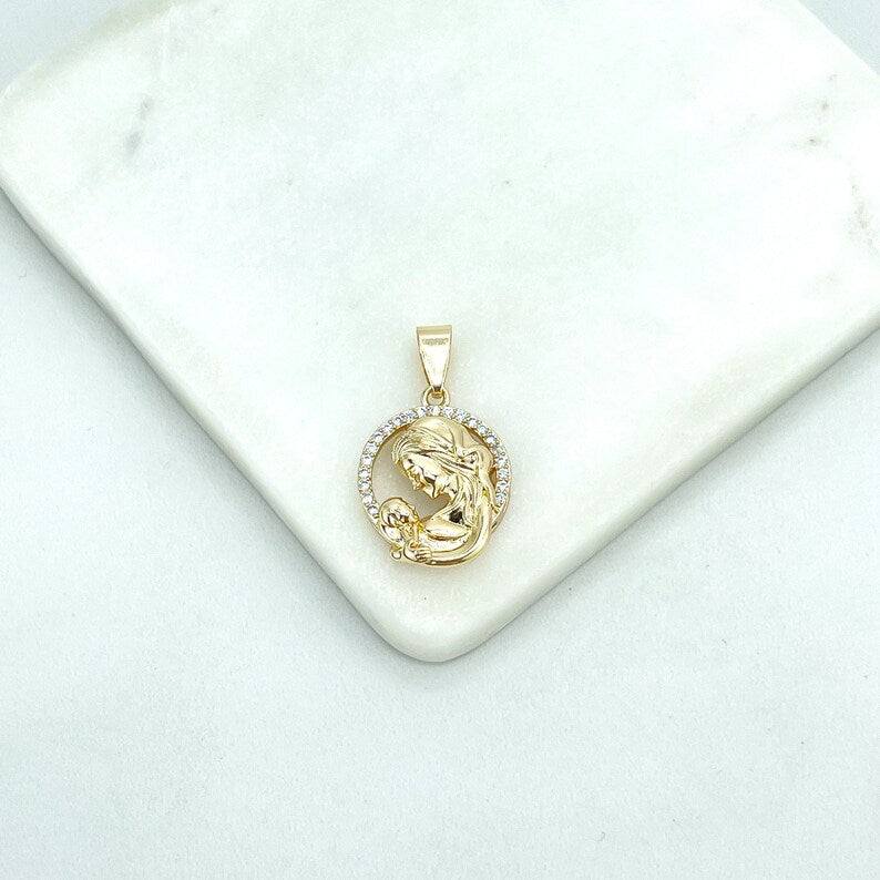 18k Gold Filled Clear CZ Cutout Medal Medallion Virgin Mary & Jesus Baby Pendant Charm
