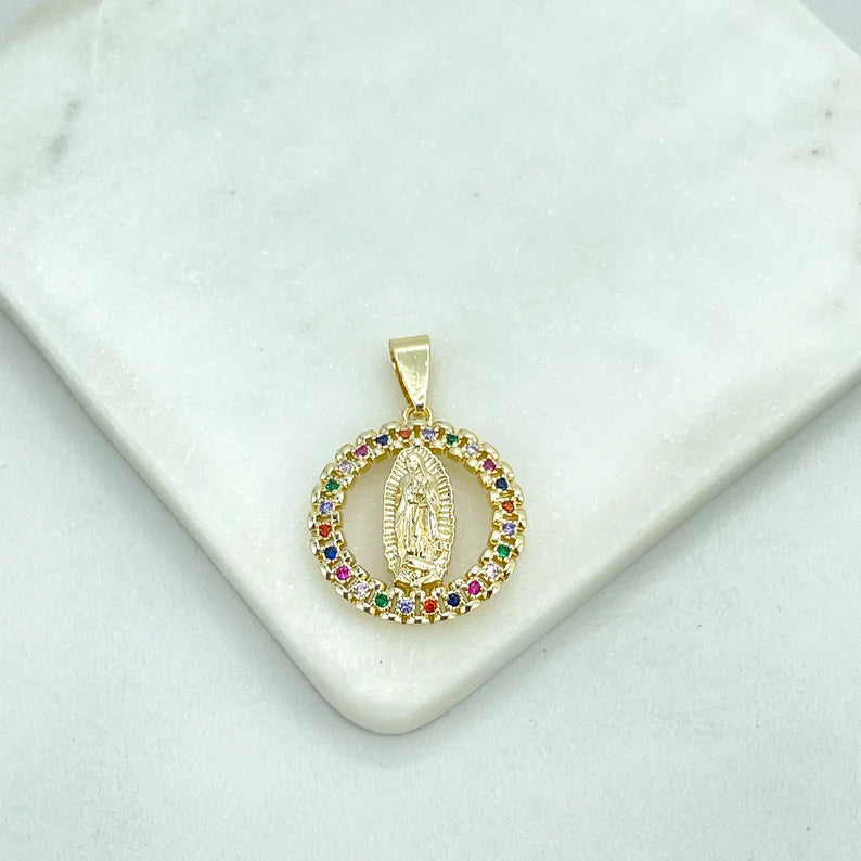 18k Gold Filled Virgen De Guadalupe, Our Lady of Guadalupe Cutout Medal Medallion & Colorful Cubic Zirconia Charm Pendant, Wholesale