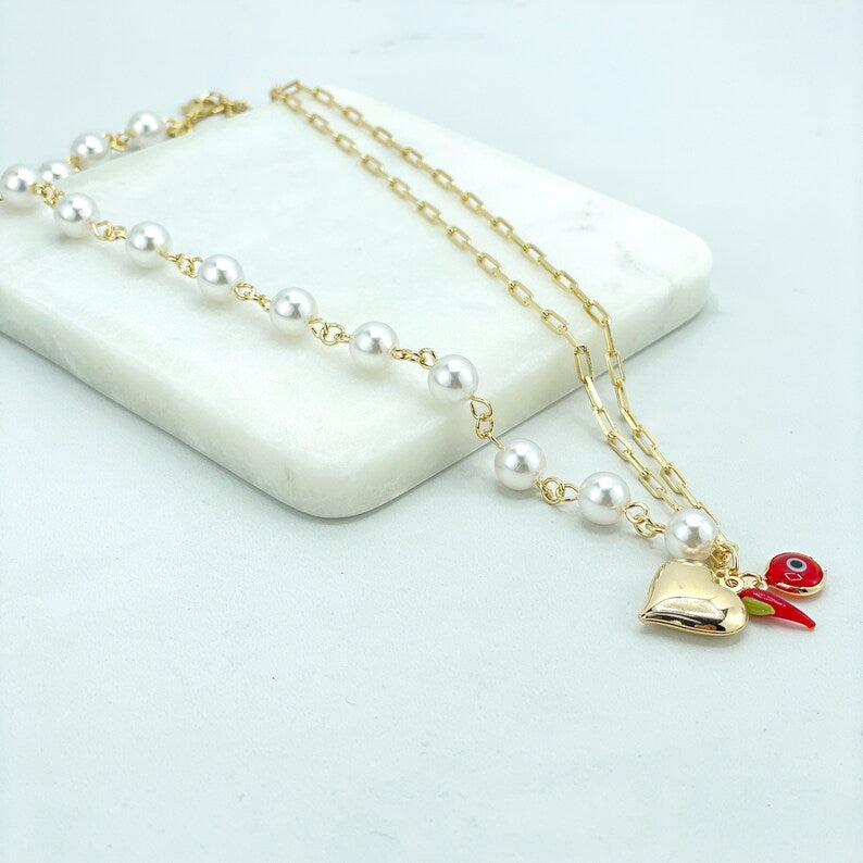 18k Gold Filled Double Paperclip Chain & Simulated Pearls Chain Necklace