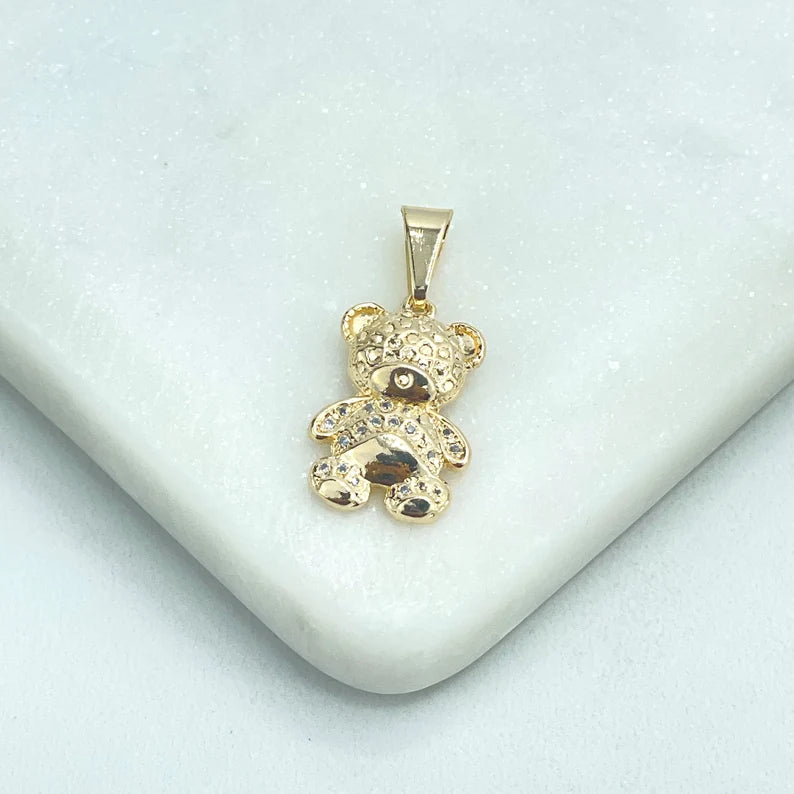 18k Gold Filled Texturized Cute Little Teddy Bear Shape Clear Cubic Zirconia Charm Pendant, Two Sizes, Wholesale