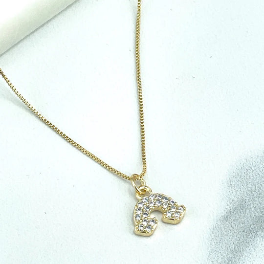 18k Gold Filled Pave Micro Cubic Zirconia Fancy Rainbow Shape Charm with 16 Inches Box Chain Necklace, Wholesale
