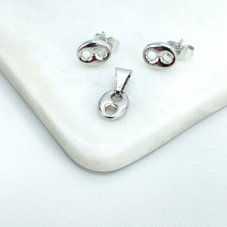 Silver Filled Small Mariner Anchor, Chunky Link Mariner Stud Earrings and Charm Set, Wholesale