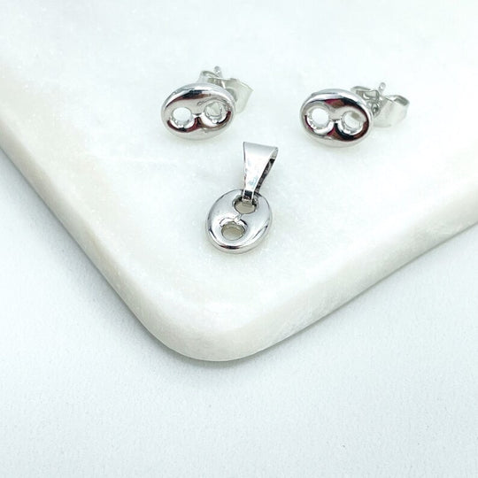 Silver Filled Small Mariner Anchor, Chunky Link Mariner Stud Earrings and Charm Set