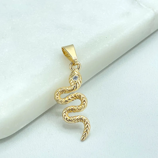 18k Gold Filled Texturized Snake Shape with Clear Cubic Zirconia Eyes Charm Pendant, Wholesale