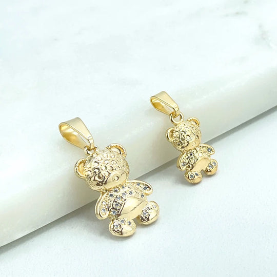 18k Gold Filled Texturized Cute Little Teddy Bear Shape Clear Cubic Zirconia Charm Pendant, Two Sizes, Wholesale