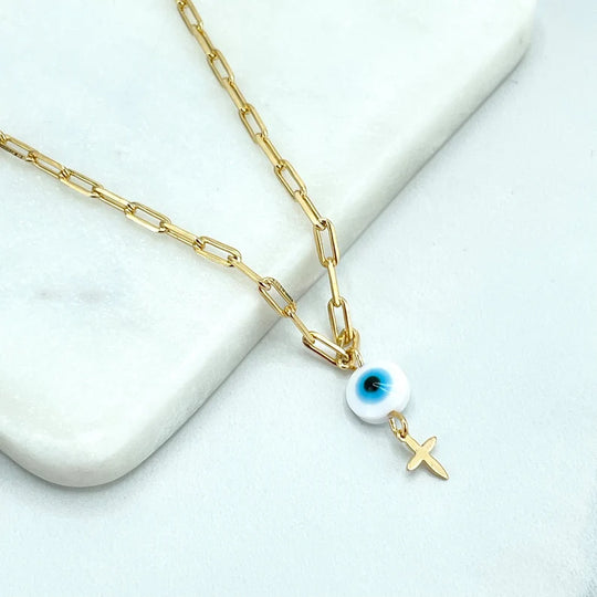 18k Gold Filled 3mm Paperclip Chain with Extender Necklace with Evil Eye and Cross Charms