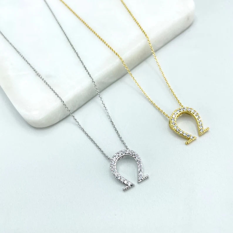 18k Gold Filled or Silver Filled 1mm Rolo Chain with Clear Micro Cubic Zirconia Horseshoe Charm Necklace, Wholesale