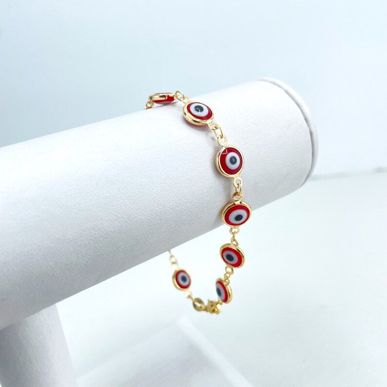 18k Gold Filled Colored Red Evil Eye Linked Chain Bracelet, Lucky & Protection Bracelet, Wholesale