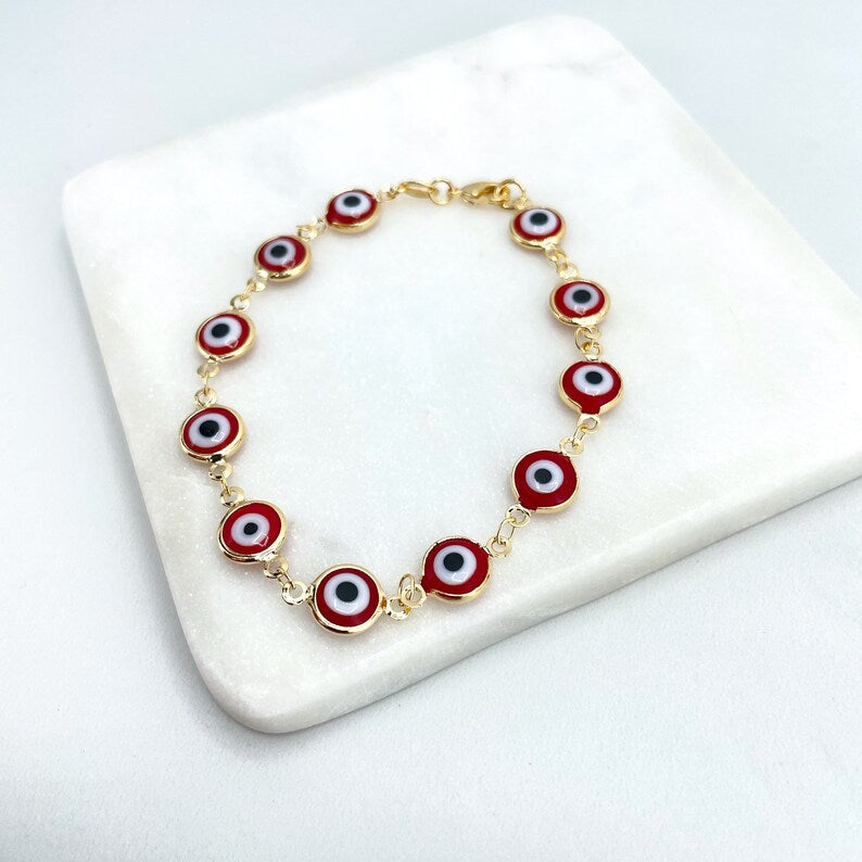 18k Gold Filled Colored Red Evil Eye Linked Chain Bracelet, Lucky & Protection Bracelet, Wholesale