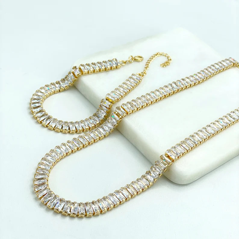18k Gold Filled 7mm Thickness Baguette Clear Cubic Zirconia Chain Necklace OR Bracelet with Extender (Make it a Set), Wholesale