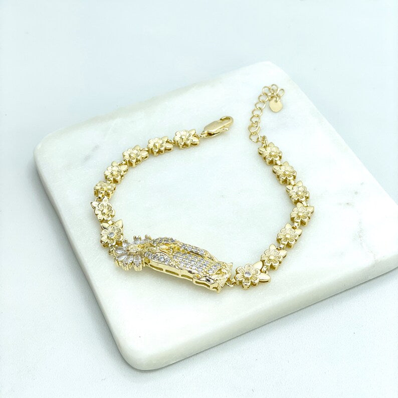 18k Gold Filled Specialty Link Chain (Flower & Butterflies) Clear OR Colorful Cubic Zirconia Virgen De Guadalupe Bracelet, Wholesale
