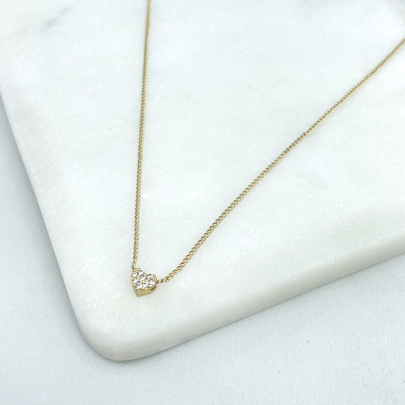 18k Gold Filled or Silver Filled 1mm Curb Link Chain with Micro Cubic Zirconia Petite Heart Shape Charm, Wholesale