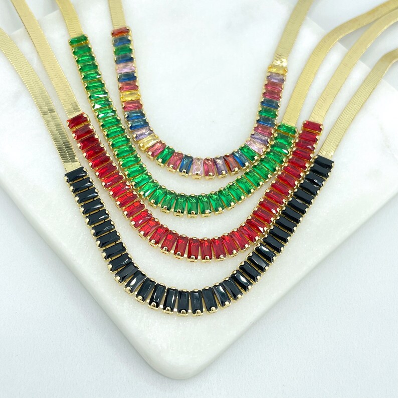 18k Gold Filled 4mm Snake Chain with Cubic Zirconia Baguette Front Necklace, Red, Black, Green or Rainbow CZ, Wholesale