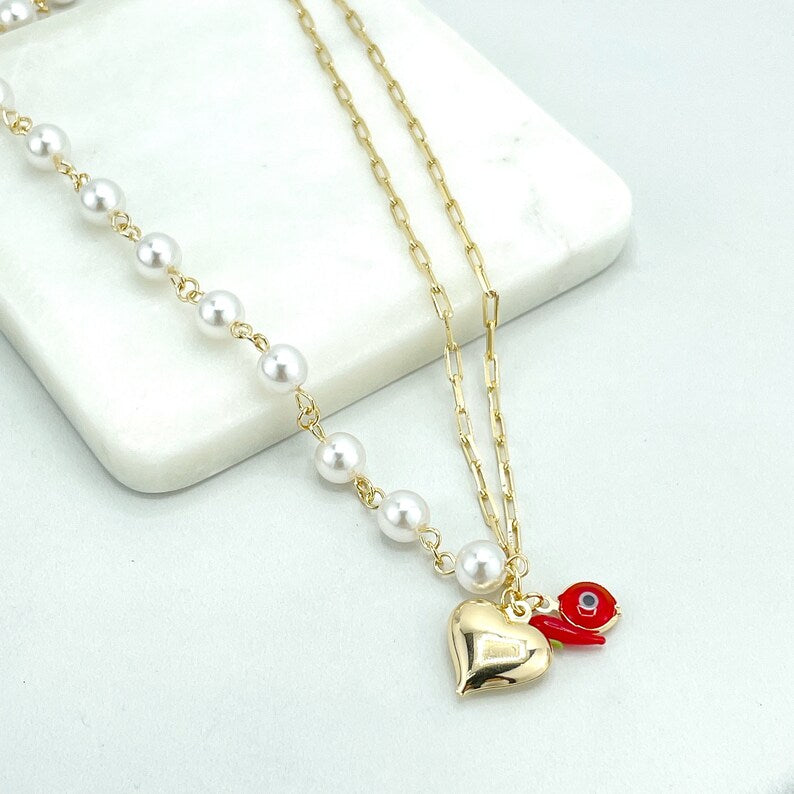18k Gold Filled Double Paperclip Chain & Simulated Pearls Chain Necklace with Puffed Heart, Red Evil Eye, and Chili Charms, Wholesale
