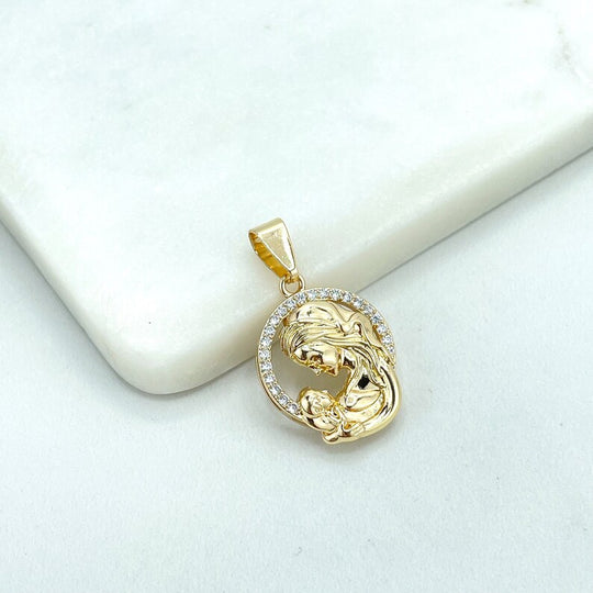 18k Gold Filled Clear CZ Cutout Medal Medallion Virgin Mary & Jesus Baby Pendant Charm