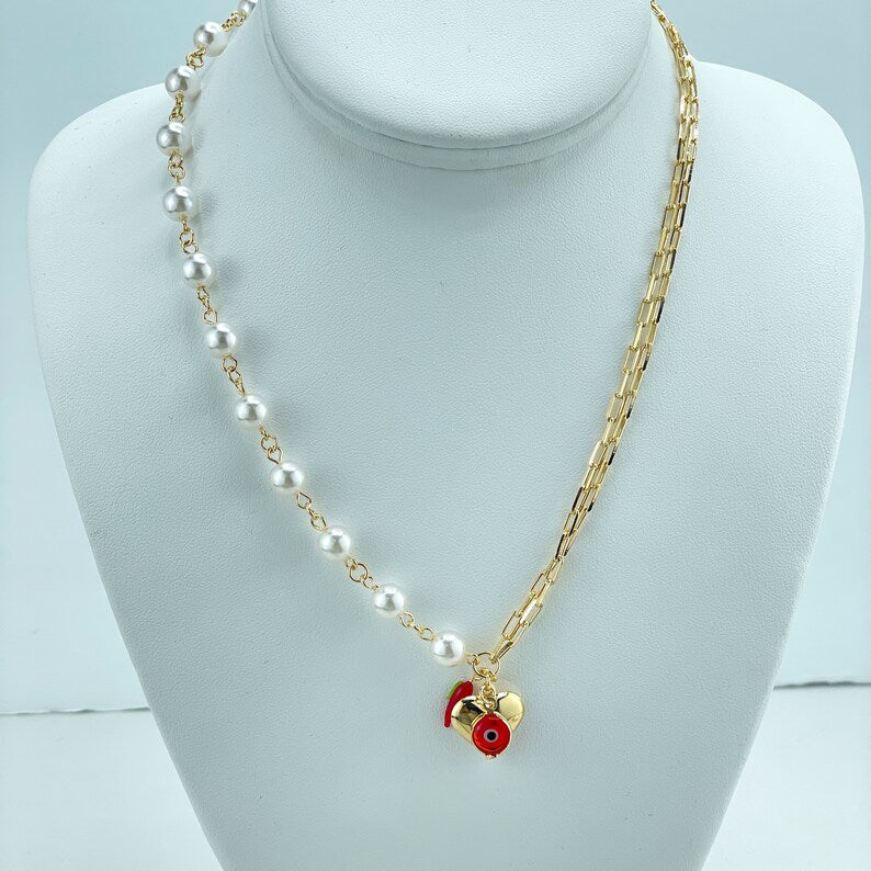 18k Gold Filled Double Paperclip Chain & Simulated Pearls Chain Necklace