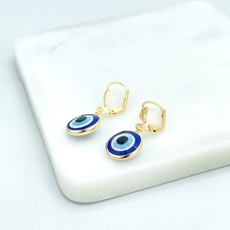 18k Gold Filled Circle Blue Evil Eye with Silver Line, Dangle Earrings French Clasp, Wholesale