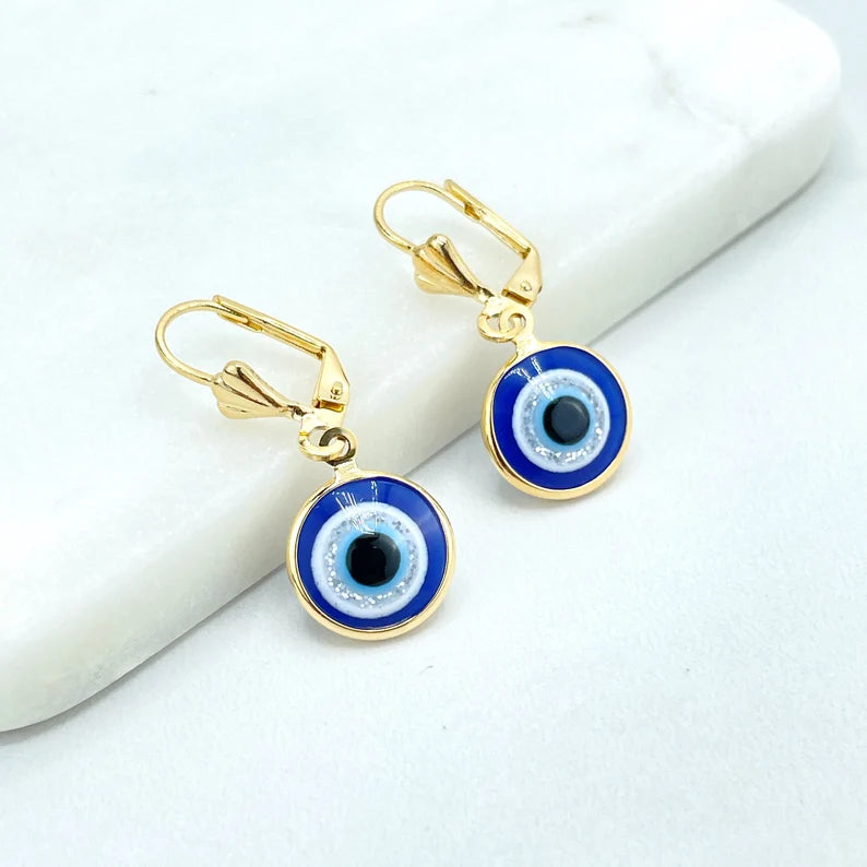 18k Gold Filled Circle Blue Evil Eye with Silver Line, Dangle Earrings French Clasp, Wholesale