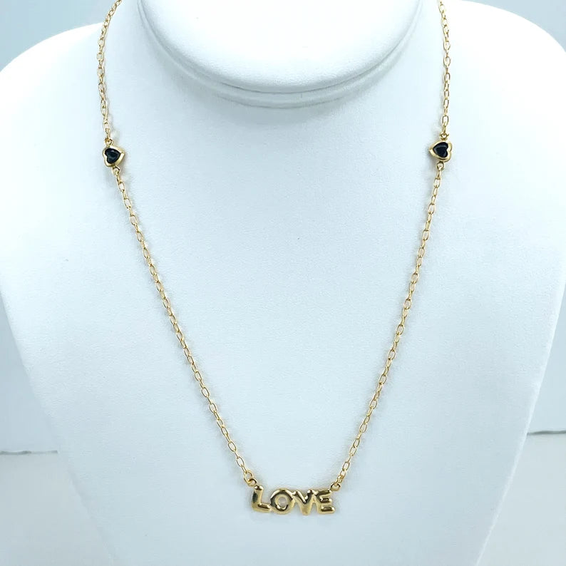 18k Gold Filled 2mm Rolo Chain with "LOVE" Charm Simulated Inflated Balloons & Black Side Hearts Necklace, Wholesale
