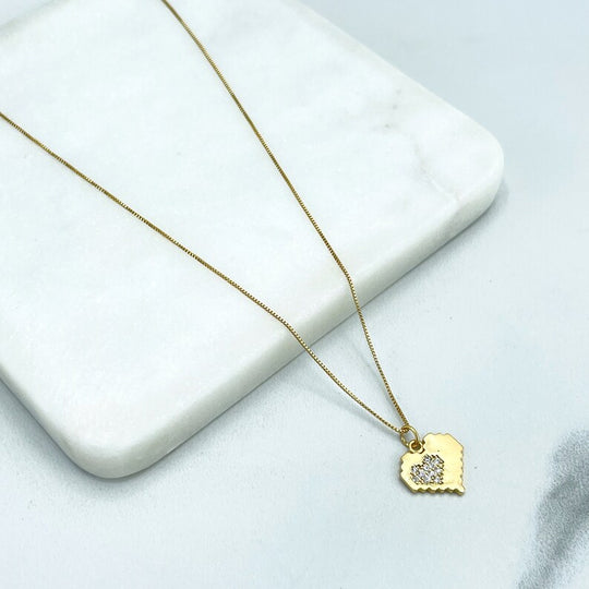 18k Gold Filled Pave Micro Cubic Zirconia Fancy Heart Shape Charm with 16 Inches Box Chain Necklace, Wholesale