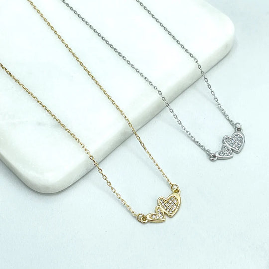 18k Gold Filled or Silver Filled 1mm Paperclip Chain with Micro Cubic Zirconia Double Hearts Necklace, Wholesale