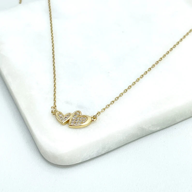 18k Gold Filled or Silver Filled 1mm Paperclip Chain with Micro Cubic Zirconia Double Hearts Necklace, Wholesale