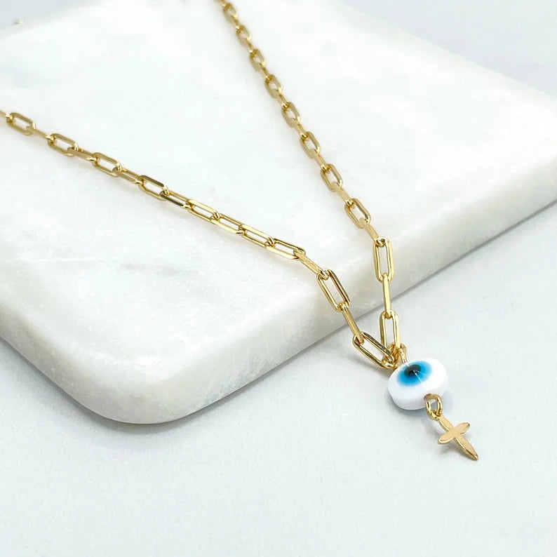 18k Gold Filled 3mm Paperclip Chain with Extender Necklace with Evil Eye and Cross Charms, Wholesale