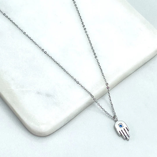 Stainless Steel 1mm Rolo Chain with Hamsa Hand Charm with Blue Cubic Zirconia Necklace, Wholesale