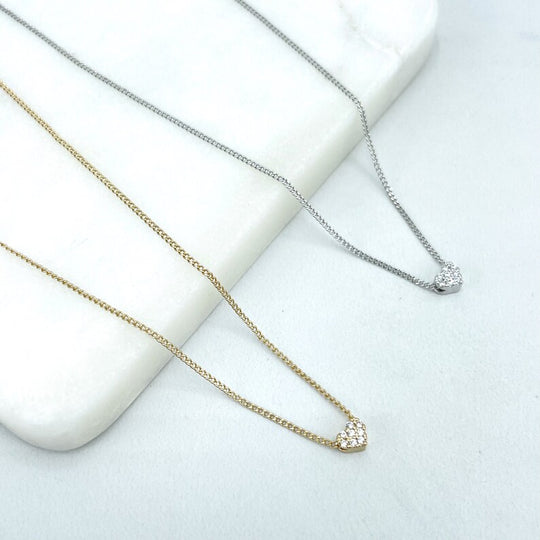 18k Gold Filled or Silver Filled 1mm Curb Link Chain with Micro Cubic Zirconia Petite Heart Shape Charm, Wholesale