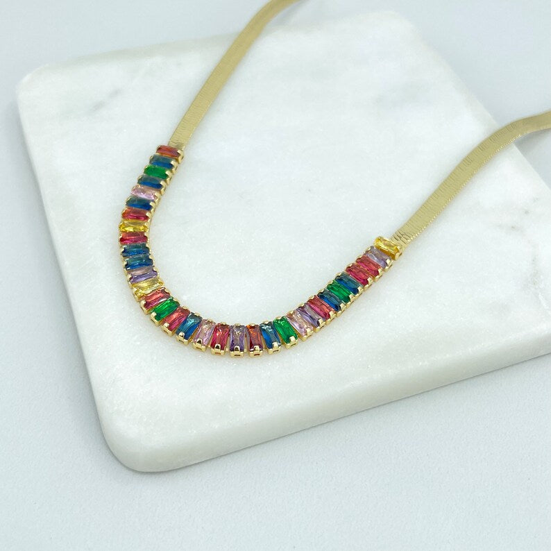 18k Gold Filled 4mm Snake Chain with Cubic Zirconia Baguette Front Necklace, Red, Black, Green or Rainbow CZ, Wholesale
