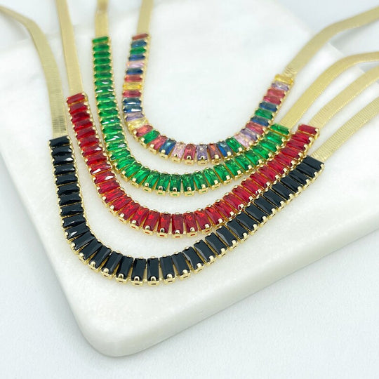 18k Gold Filled 4mm Snake Chain with Cubic Zirconia Baguette Front Necklace