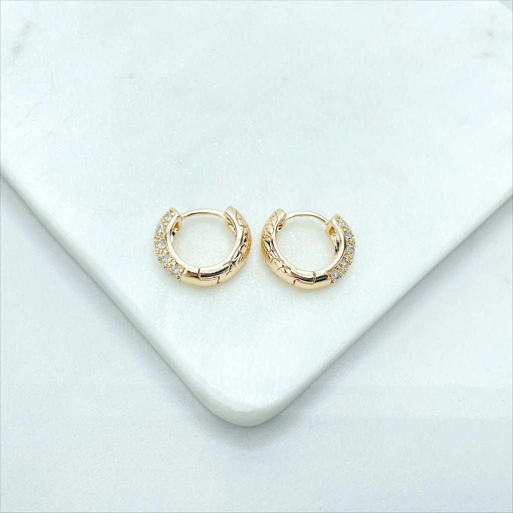 18k Gold Filled 16mm Texturized Huggie Earrings with Micro Cubic Zirconia