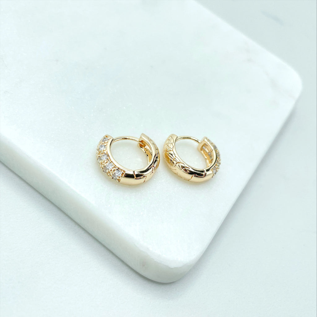 18k Gold Filled 16mm Texturized Huggie Earrings with Micro Cubic Zirconia