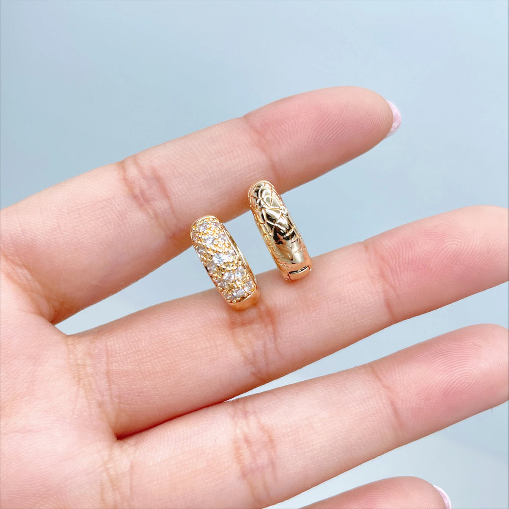 18k Gold Filled 16mm Texturized Huggie Earrings with Micro Cubic Zirconia