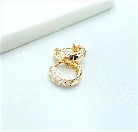 18k Gold Filled 16mm Texturized Huggie Earrings with Micro Cubic Zirconia