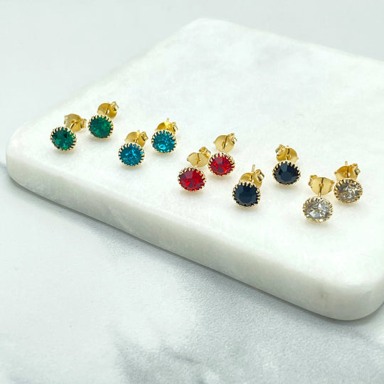 18k Gold Filled Colored CZ Solitaire Stud Earrings, Green, Blue, Red, Black or White Color